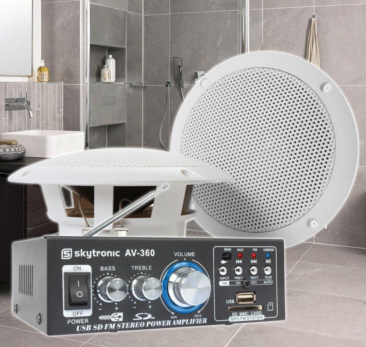 SkyTronic BS06 Badkamer speakerset 6.5 met versterker en 10 meter speakerkabel