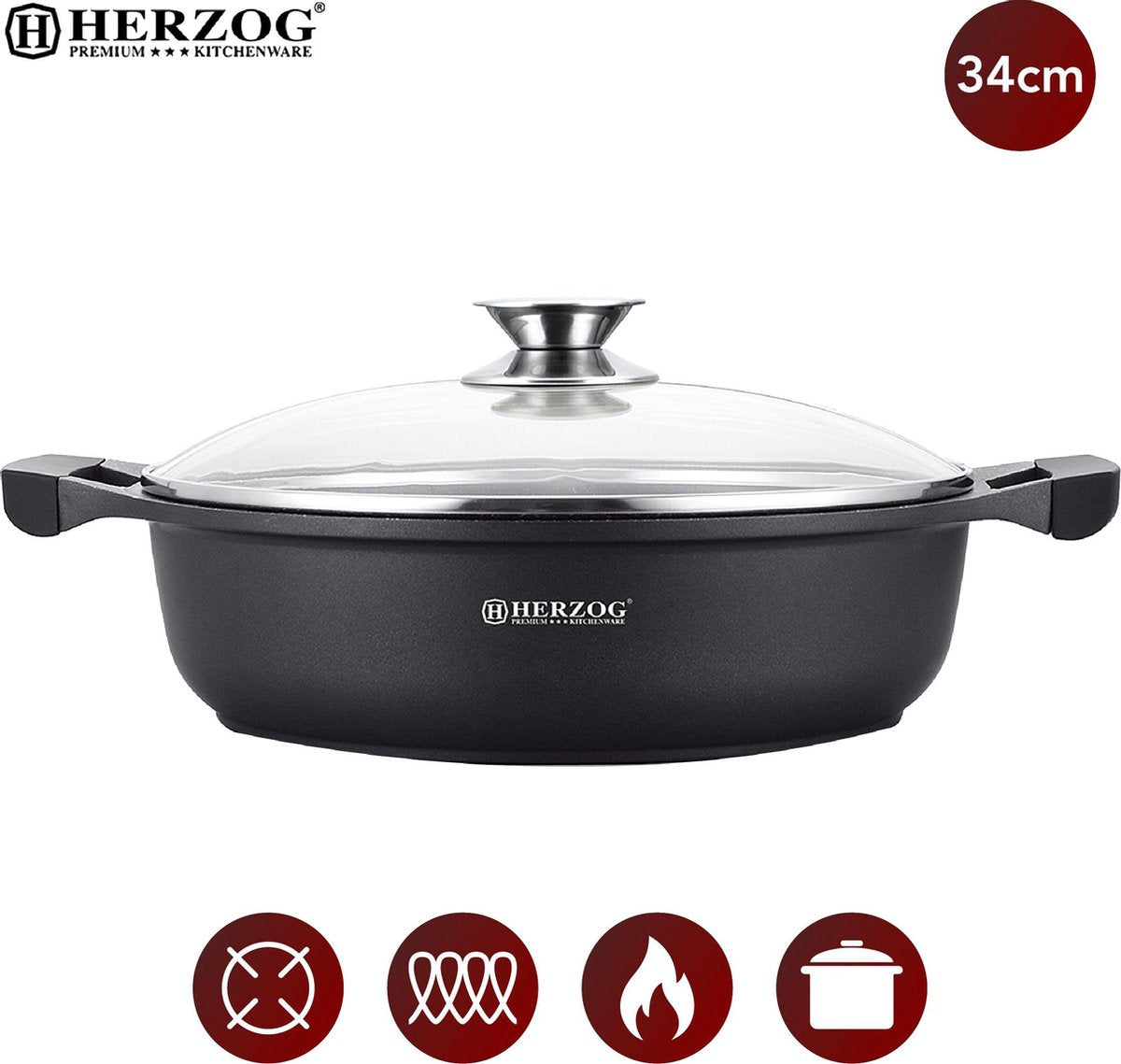 Herzog: Gegoten Braadpan met Siliconen Handgrepen - ⌀ 34cm - Pan met Deksel  - Bakpan - Geschikt Voor Alle Warmte Bronnen - PFOA / LOOD-vrij