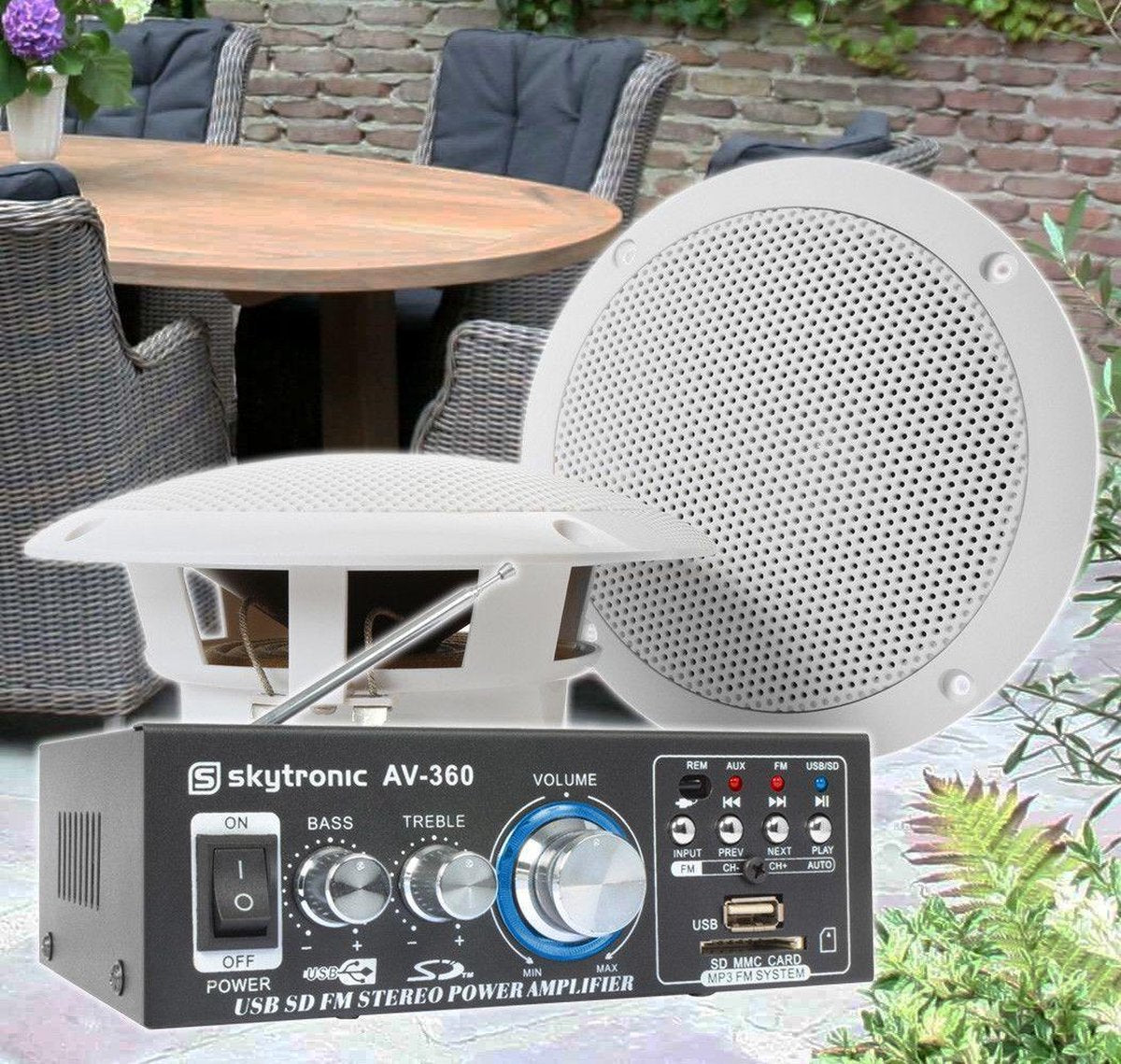 Weerbestendige 6.5 speakerset + versterker en kabel voor muziek op terras of veranda