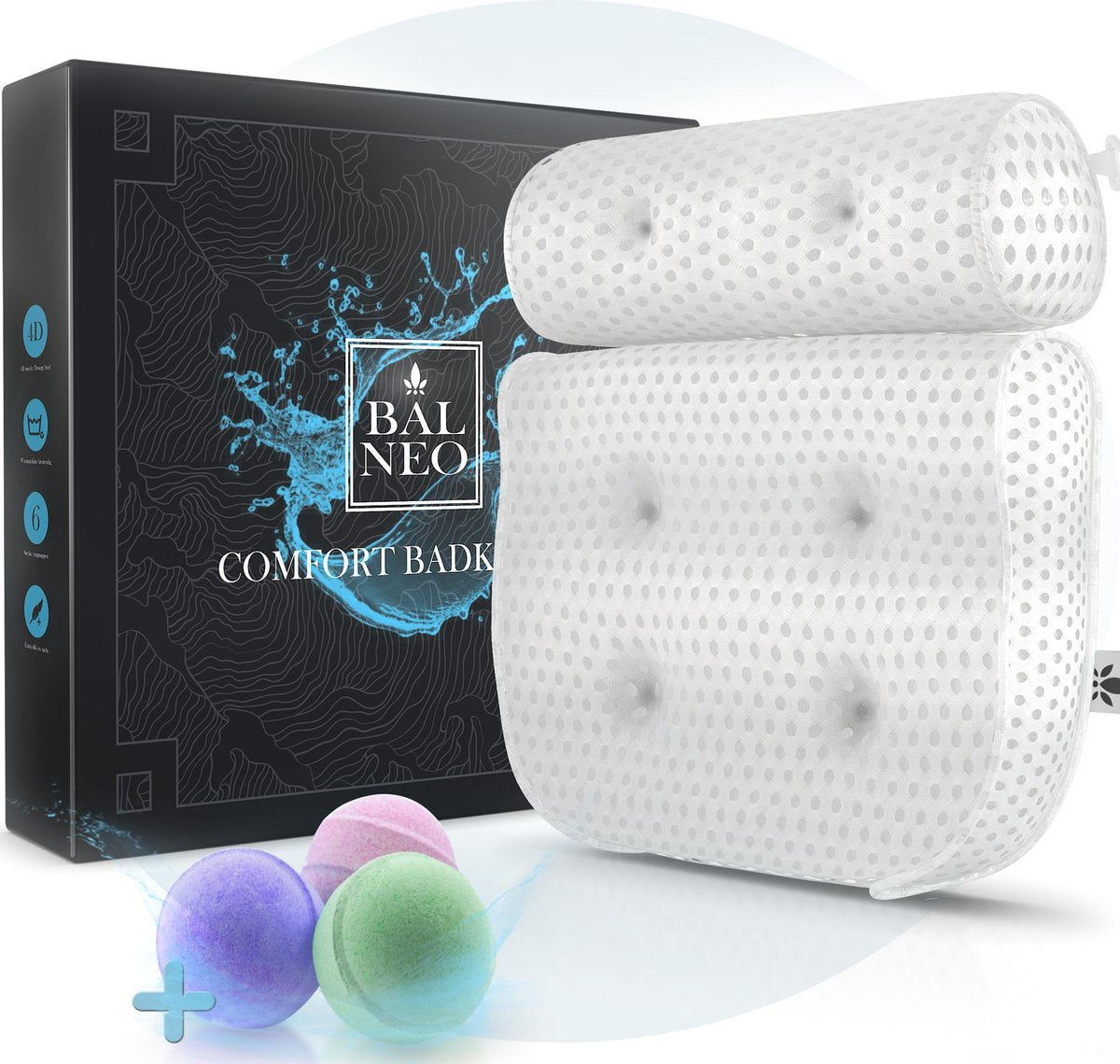 Badkussen met Anti Slip Zuignappen Spa Nekkussen -  Orthopedisch Hoofd Steun voor In Bad - Wit Premium Balneo®