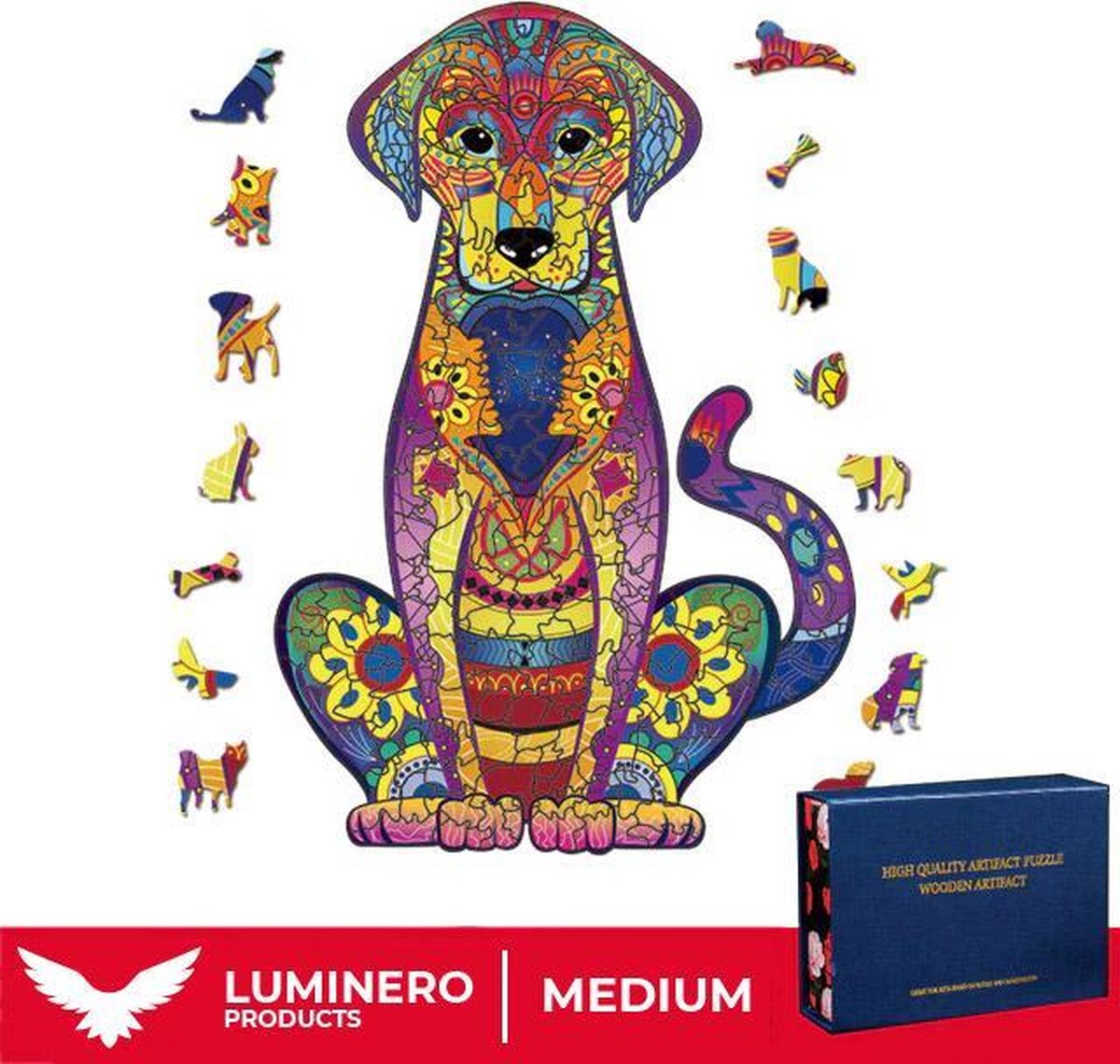 Luminero™️ - Jigsaw Houten Puzzel - Hond Medium Formaat – Wooden puzzle - Leuk voor volwassenen - Unieke vormen - Educatieve puzzels - Fantastisch cadeau voor vrienden en gezinnen - Huisdecoratie - Giftbox