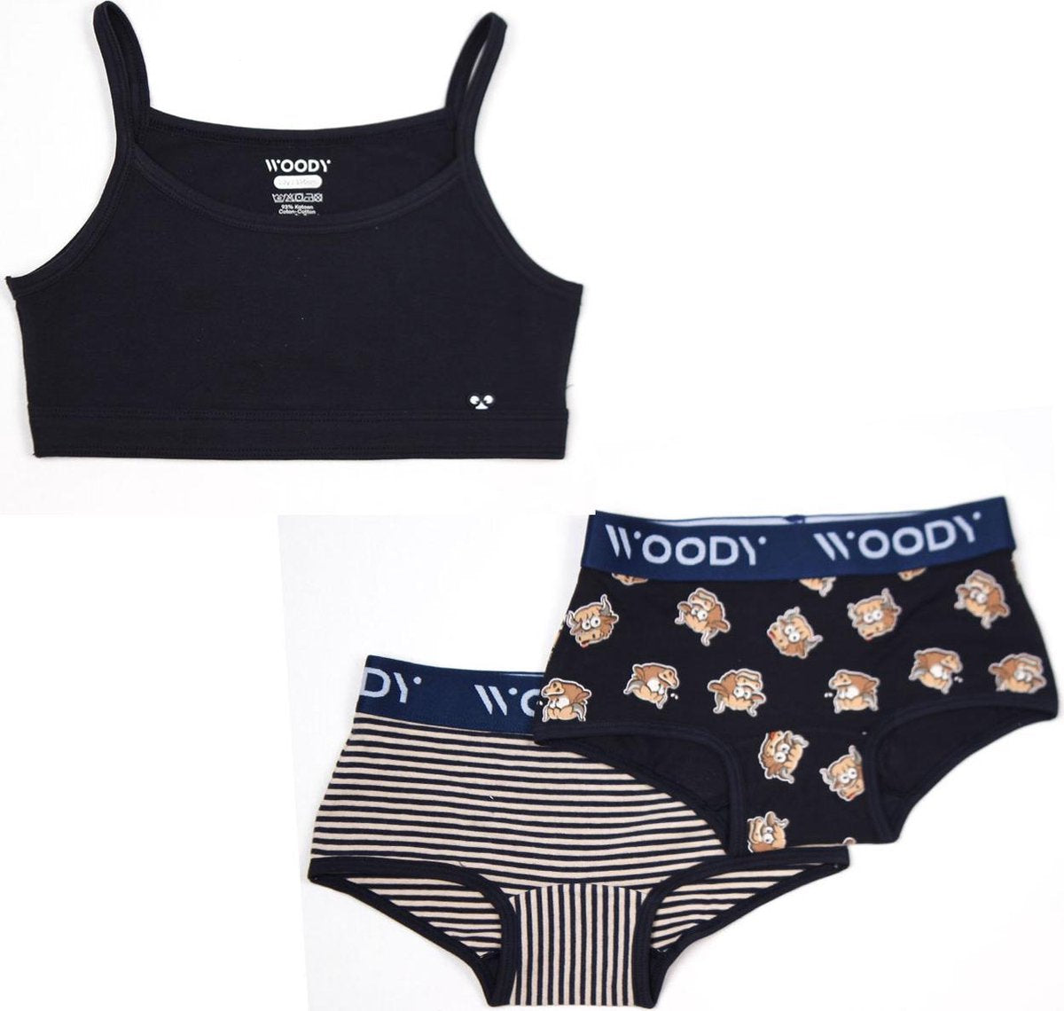 Woody ondergoed set meisjes - koe - donkerblauw - 1 topje en 2 boxers - maat 164