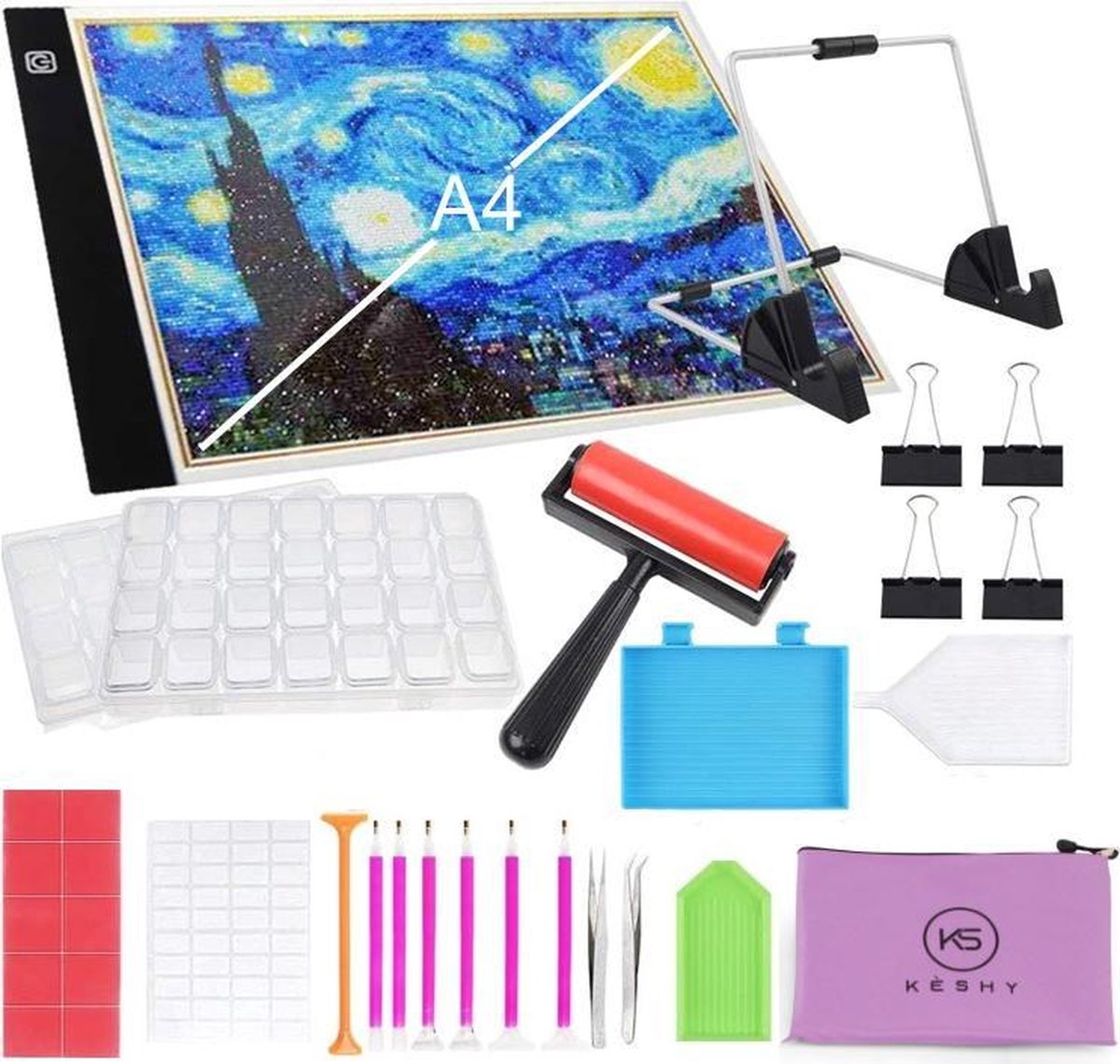 Kèshy Diamond Painting accessoires set  volwassenen XXL – A4 Led Lichtbak en standaard - 36-delig