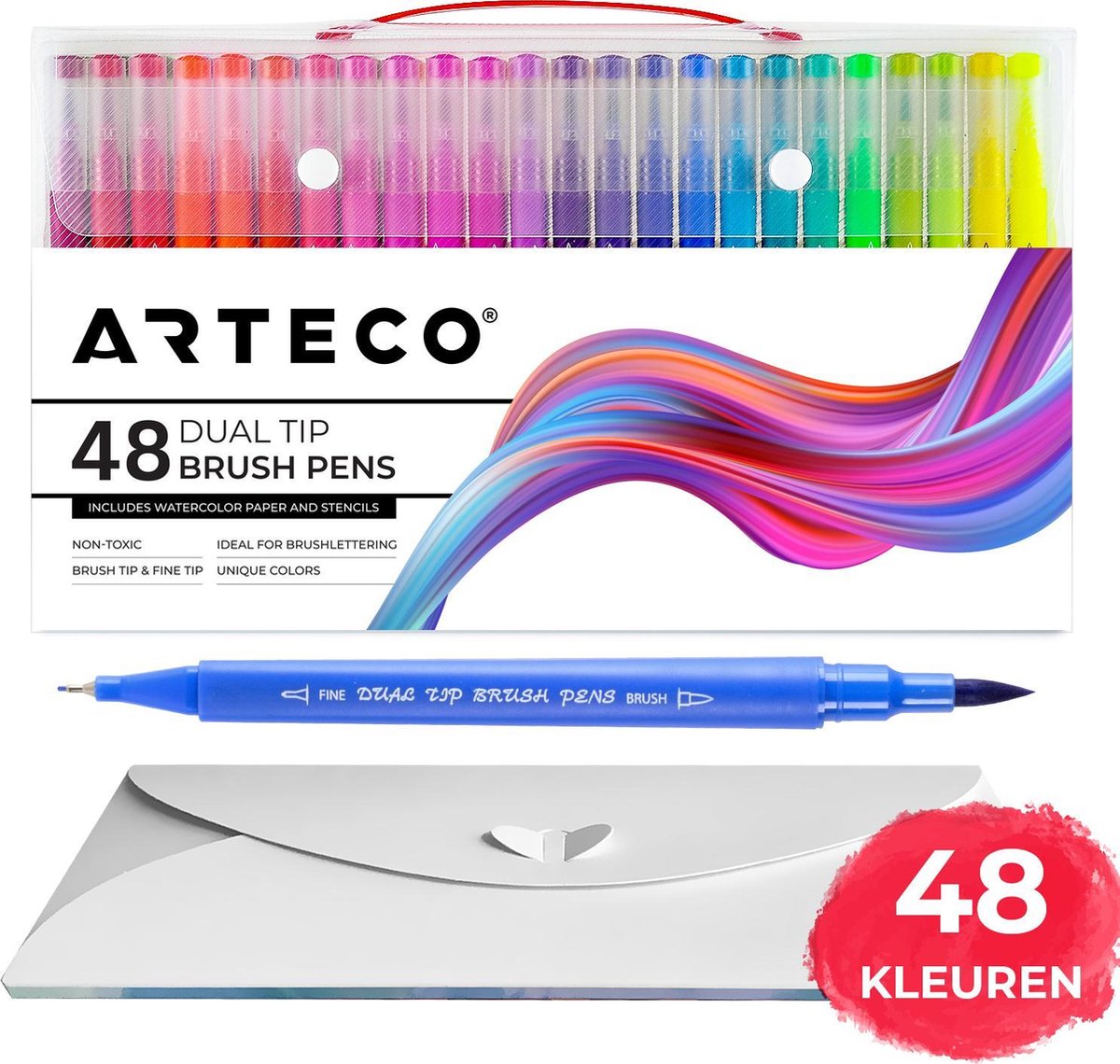 ARTECO® 48 Brush Pennen - Inclusief Aquarel Papier en Sjablonen - Double Tip Penseelstift - Fineliners en Brushlettering Brush Stiften - Twinmarkers