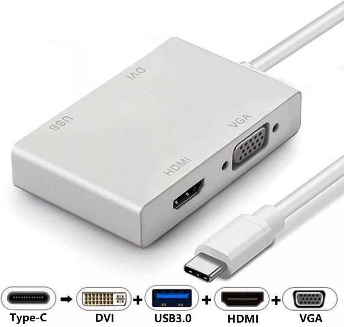 4in1 Type-C naar HDMI VGA DVI USB3.0 Adapter Convertor voor Laptop