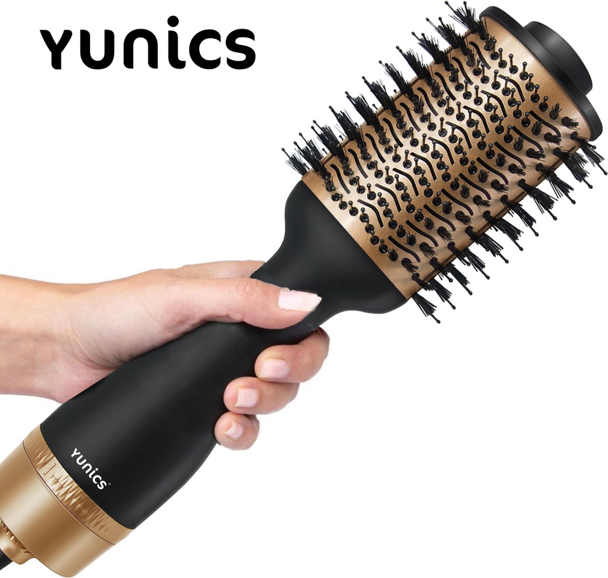 YUNICS®  5 in 1 Föhnborstel – Föhn – Haarborstel – Krulborstel – Stijltang – 1000 Watt - Ionische Technologie - Zwart/Goud Editie