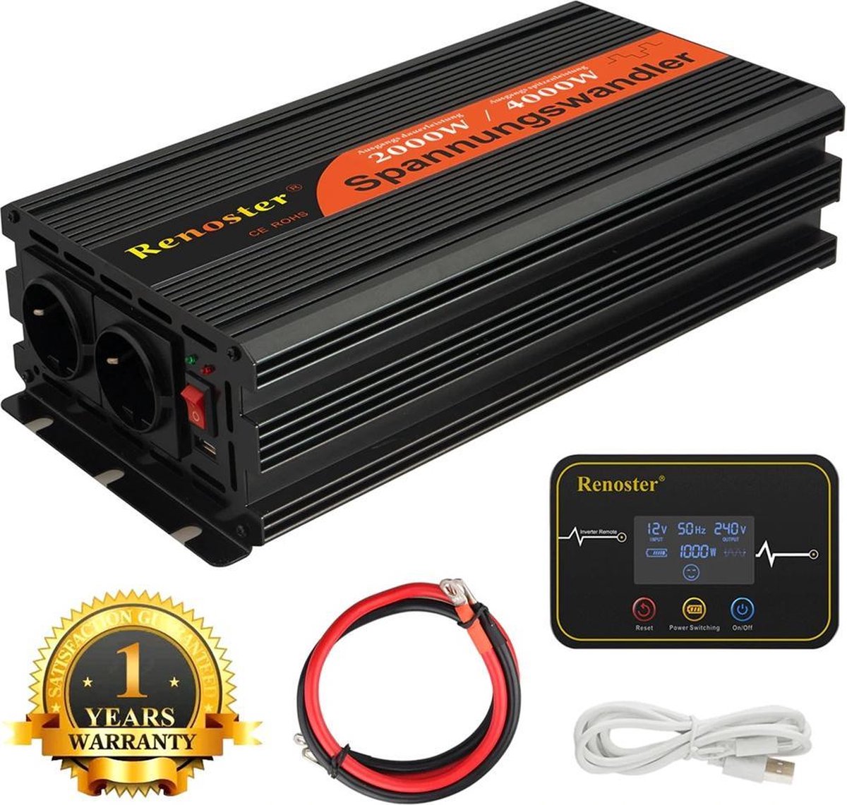Renoster 12V Zuivere Sinus Omvormer - 2x Stopcontact -  1x USB - 2500W/5000W + Draadloze Afstandsbediening