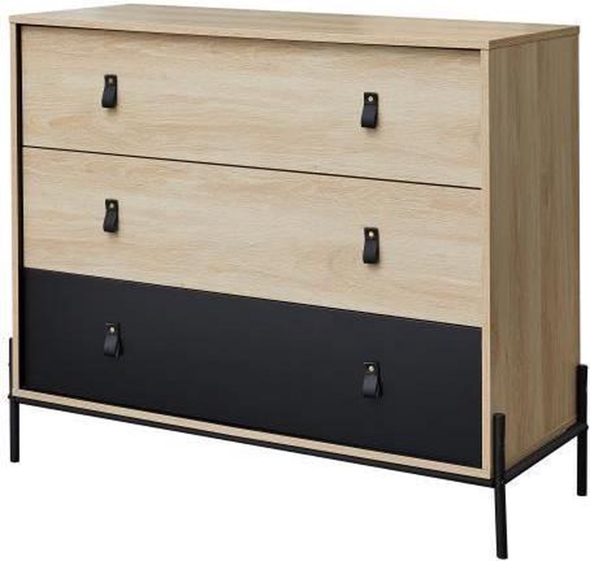 WORKSHOP Kinderladekast - 3 lades - PVC handgrepen met gesp - Eiken / Zwart - L100 x D45 x H 89 cm