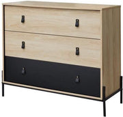 WORKSHOP Kinderladekast - 3 lades - PVC handgrepen met gesp - Eiken / Zwart - L100 x D45 x H 89 cm