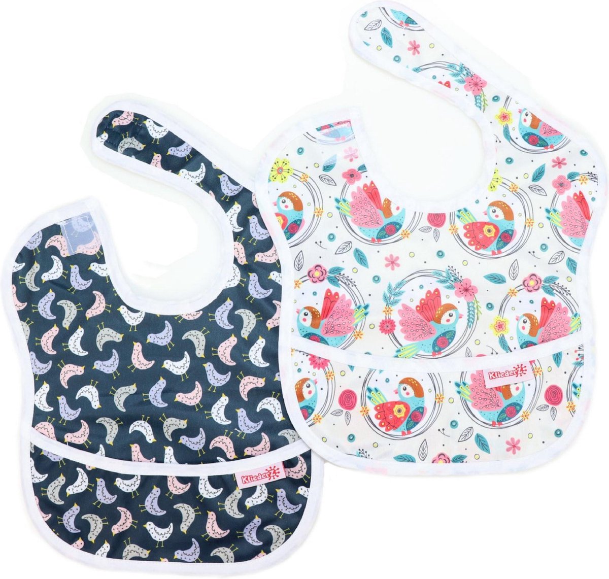 KliederZ baby eetslabbetje met opvangbakje | set 2 stuks slabber meisje | Gekwetter & Getjilp | FP03
