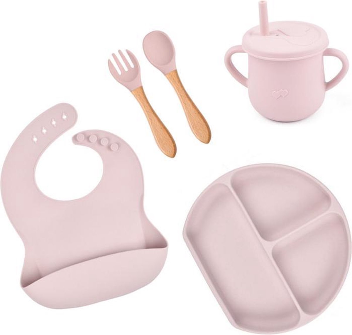 Baby Siliconen 5- delig / kinderservies voor Baby / Jongen / Meisje - Onbreekbaar / Plaat - beker -Slabbetje - Lepel & Vork