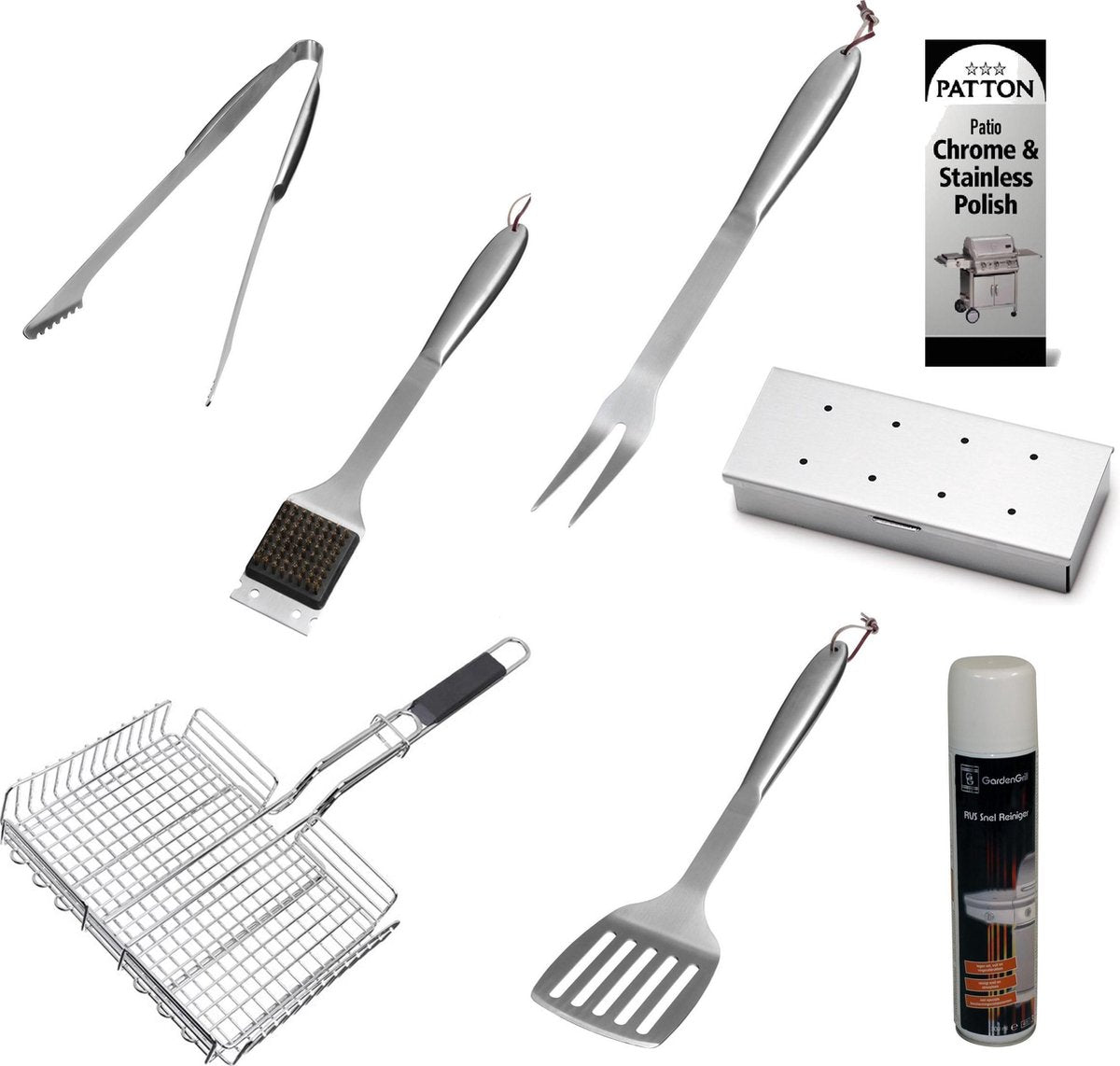 Patton 8-delige BBQ set - vleestang - vork - spatel - multi grill - borstel - smokerbox - snelreiniger - chrome & RVS polish