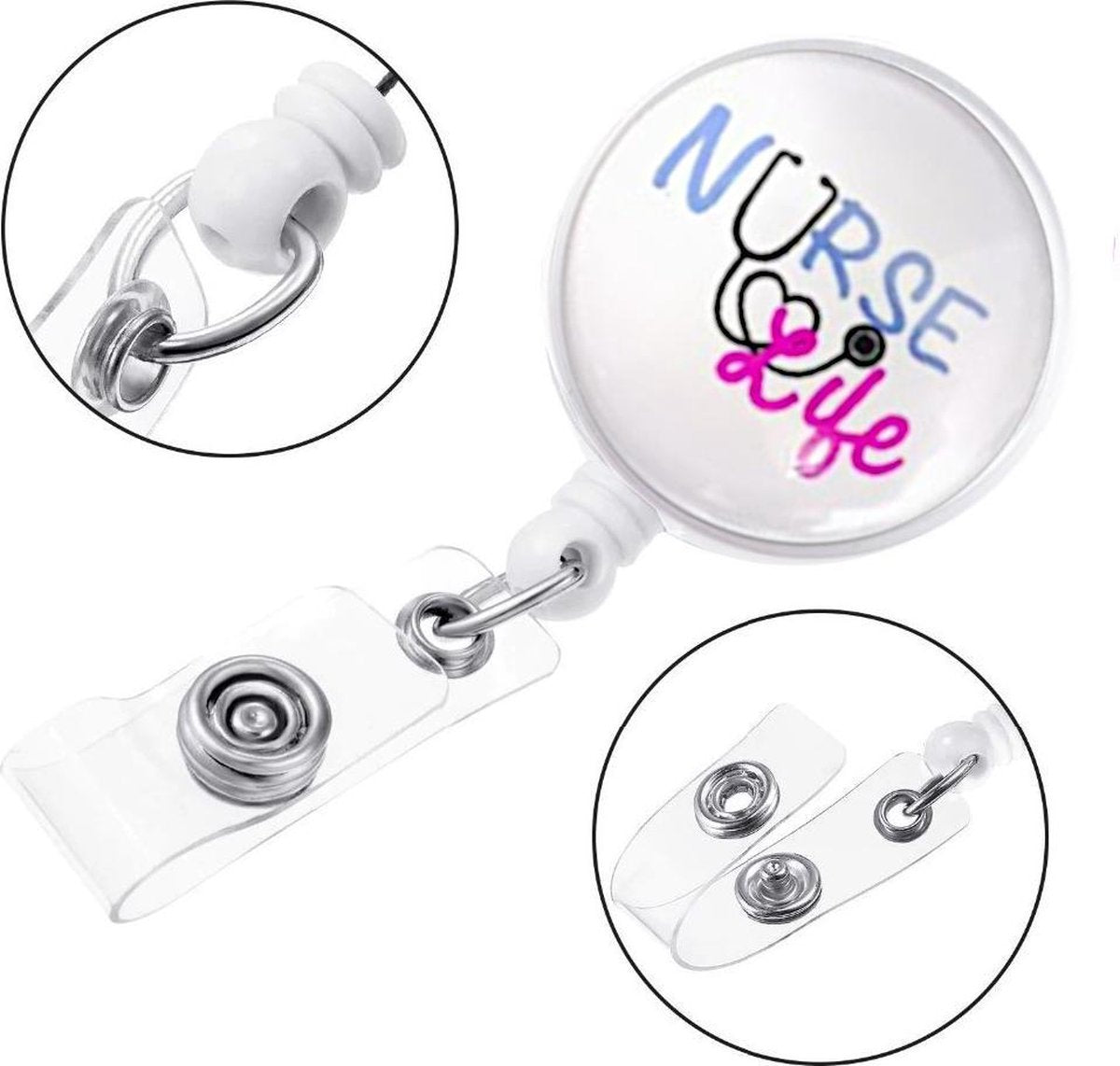 Badgehouder met trekkoord 60 cm - clip - afrolmechanisme - nurse life
