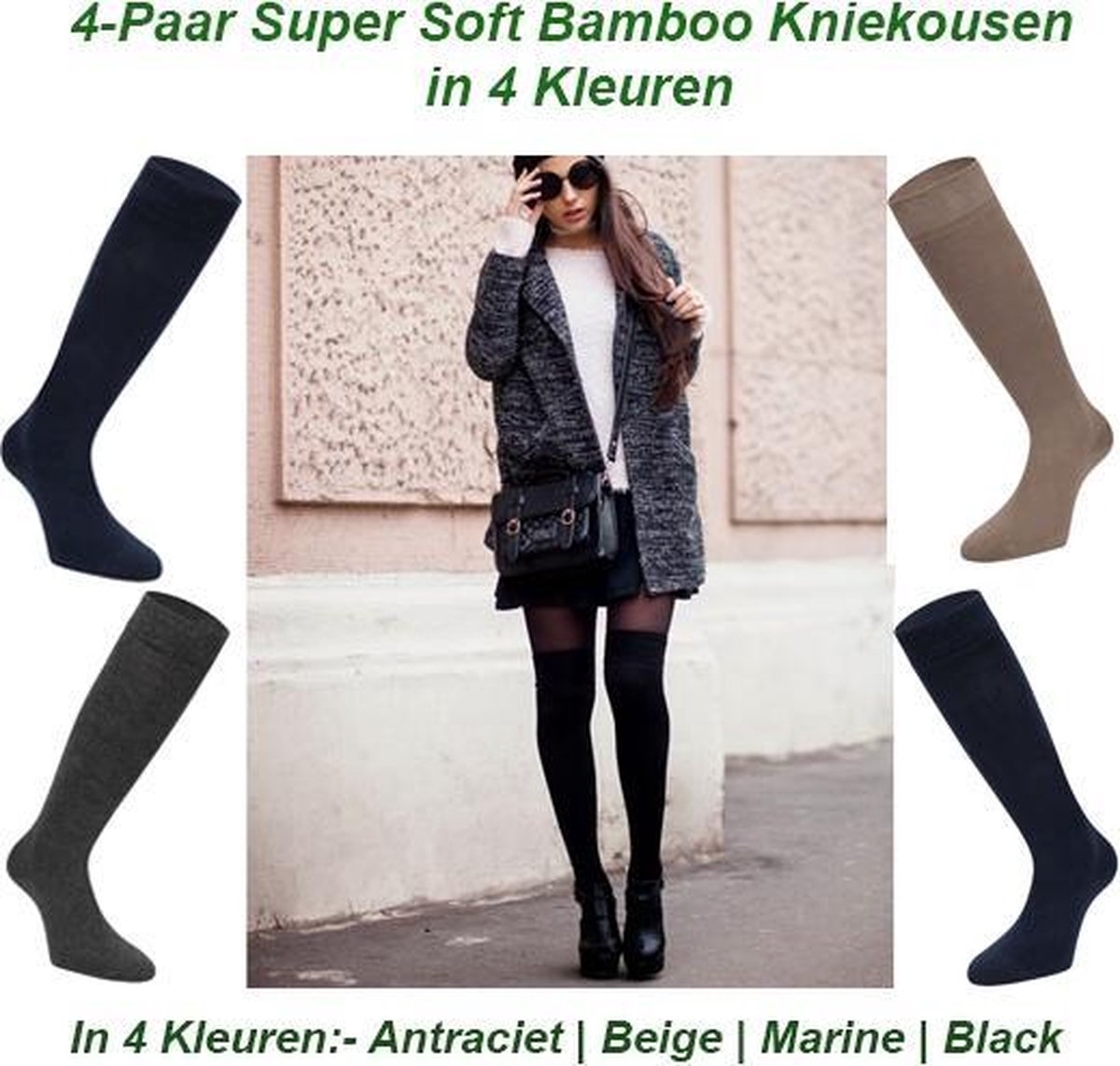4-Paar Super Soft Bamboe Kniekousen in 4 Kleuren | Maat 43-45