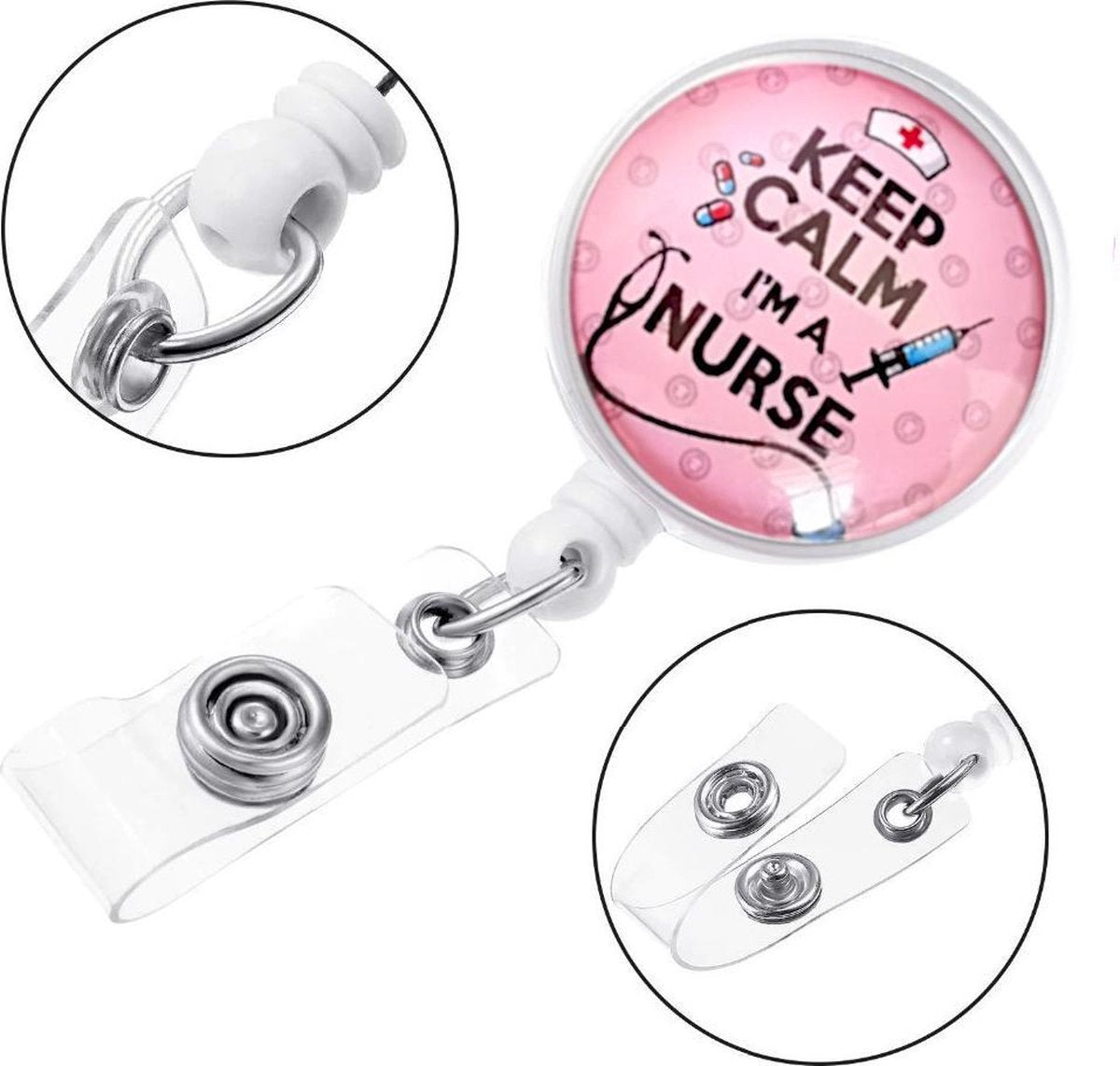 Badgehouder met trekkoord 60 cm - clip - afrolmechanisme - keep calm I'm a nurse