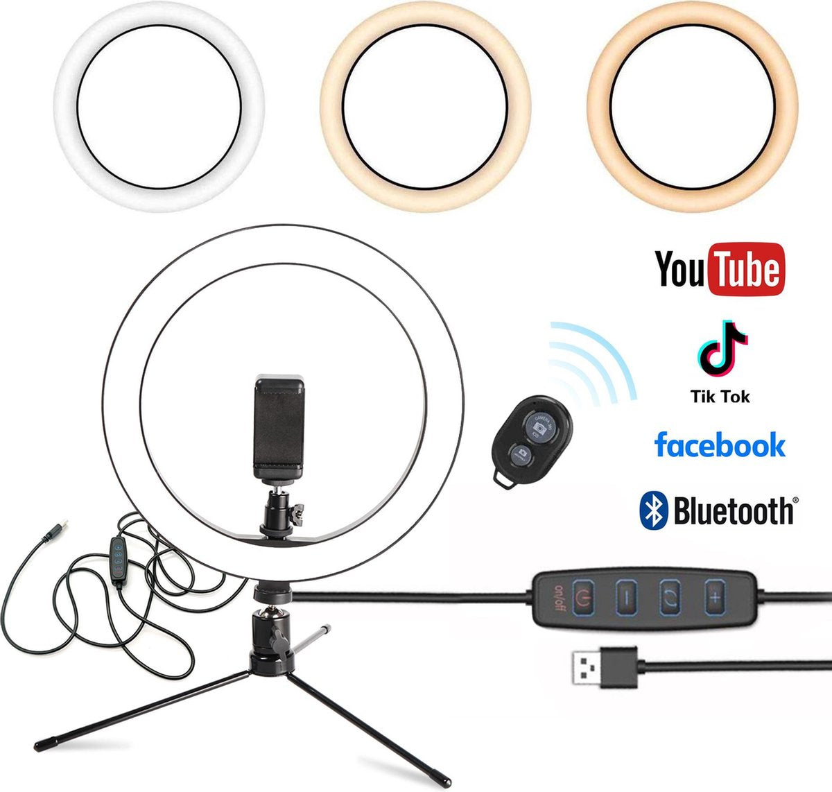 Douxe LED Ringlamp met statief (verstelbaar) incl telefoonhouder en bluetooth afstandsbediening - 26 cm/10 inch - 25 cm hoog - USB - TikTok - Ringlight - flitser - Ring lamp - Ringlamp telefoon - Vlog - Make-up light - Studiolamp