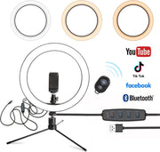 Douxe LED Ringlamp met statief (verstelbaar) incl telefoonhouder en bluetooth afstandsbediening - 26 cm/10 inch - 25 cm hoog - USB - TikTok - Ringlight - flitser - Ring lamp - Ringlamp telefoon - Vlog - Make-up light - Studiolamp