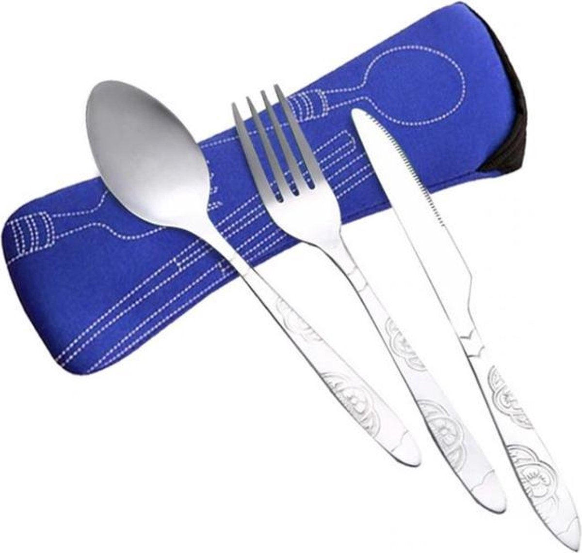 Bestek setje in blauwe etui - 3-delige bestekset in hoes - Lepel/Vork/Mes