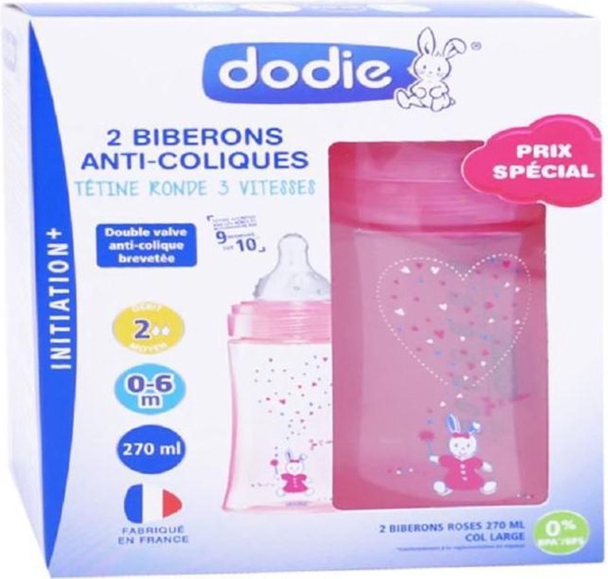 DODIE Lot van 2 anti-koliek flessen Initiation + - 270ml - ROSE UNICORNE - 0-6 maanden - ronde spenen 3 snelheden stroom 2