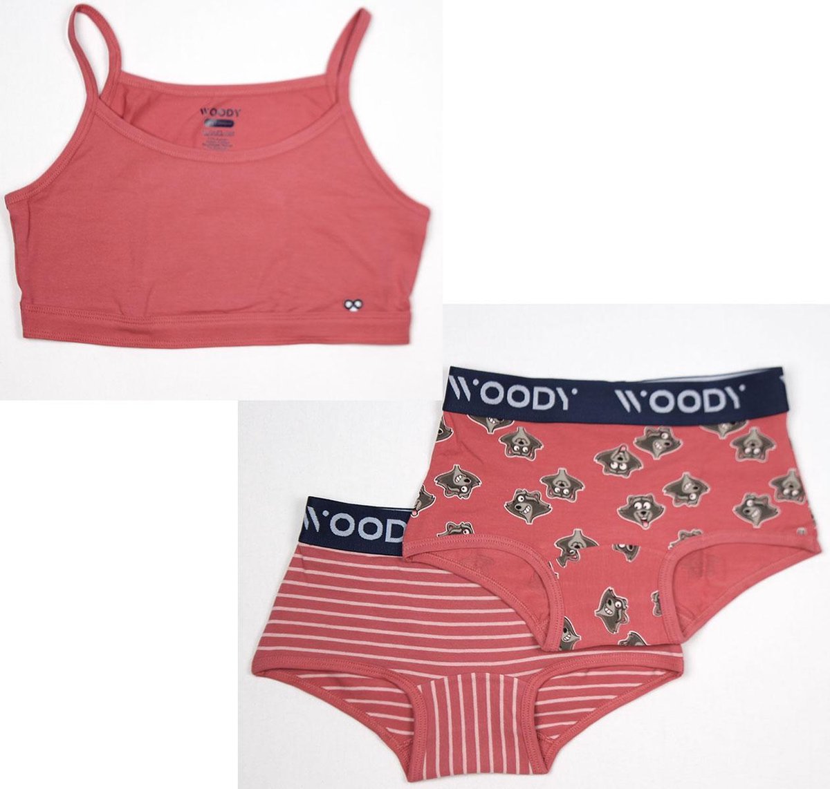Woody ondergoed set meisjes - wasbeer - rood - 1 topje en 2 boxers - maat 164
