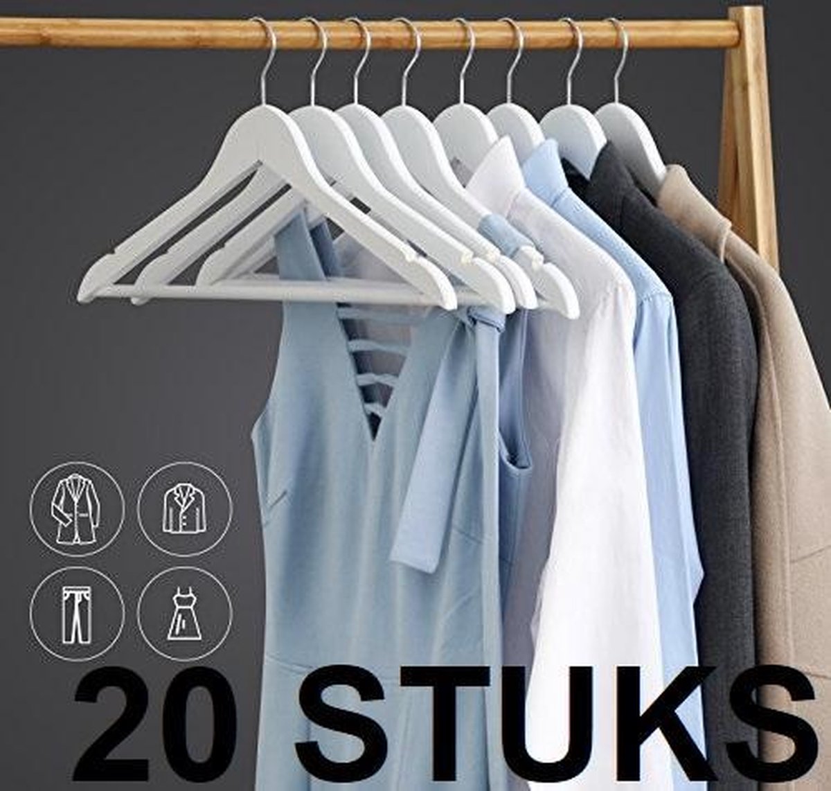 Relaxwonen - kledinghanger 20 stuks - klerenhanger - kleerhanger - broekenstang - hout wit
