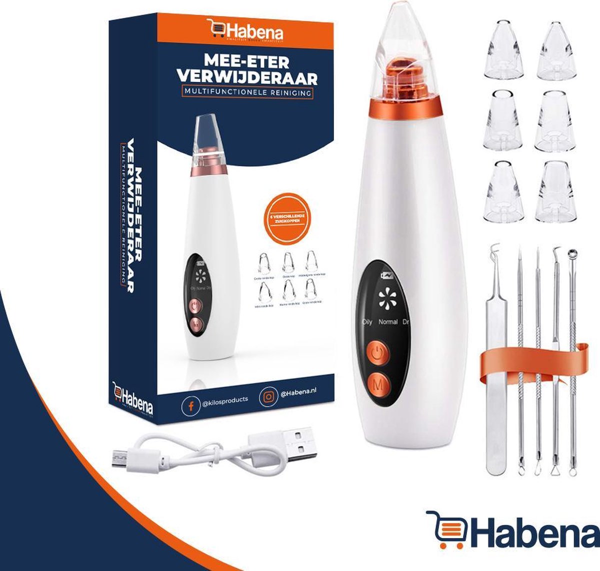 Habena® Blackhead Remover Vacuüm - Mee Eters Verwijderen - Gezichtsreiniger - Poriënreiniger - Gezichtsborstel - Draadloos - 6 Opzetstukken -  Inclusief mee eters verwijderen tools set - Wit