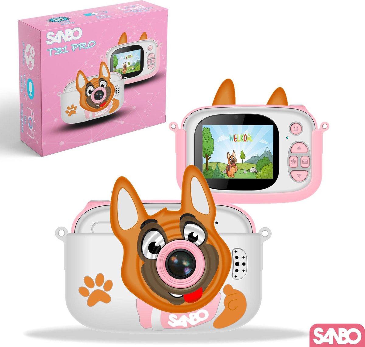 Sanbo® Kindercamera T31 PRO - Roze - voor en achter camera - Gratis kinderrugzak - gratis 32GB SD card en card reader - Fototoestel voor Kinderen - Vlogcamera met games - videofunctie - Digitaal Kinderfototoestel - Klein Formaat Speelgoed Camera -
