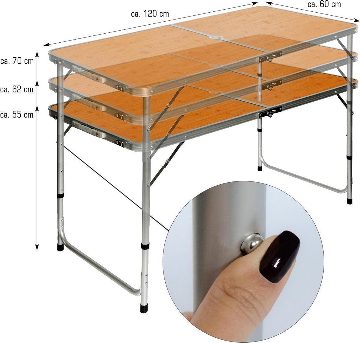 Opvouwbare stabiele campingtafel 120x60x70cm in hoogte verstelbare draagbare koffer grootte alumi...