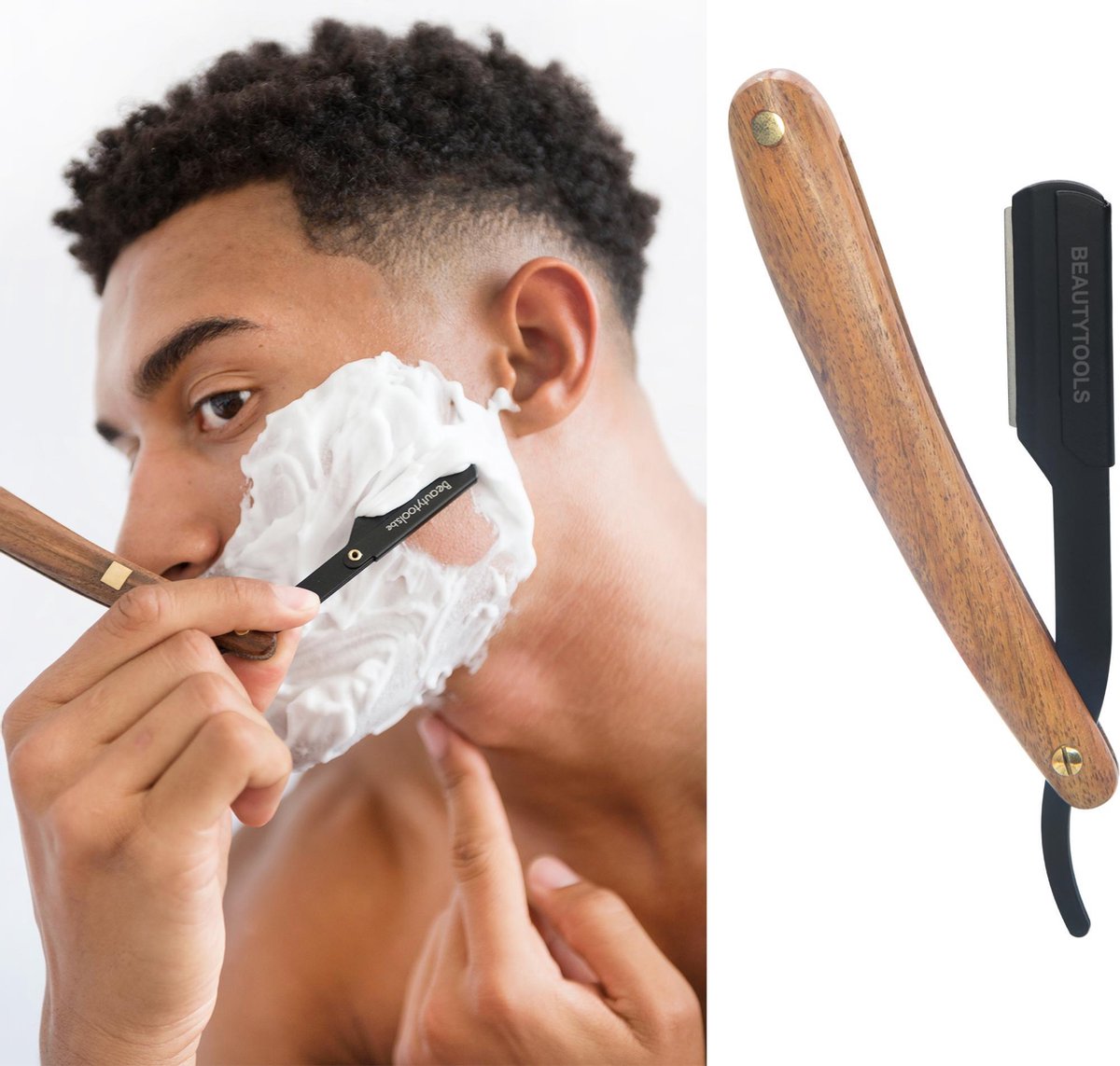 BeautyTools Luxe Easy-Shave Open Scheermes / Barbiersmes / Shavette Voor Baard en Nekhaar - BLACK BEAST Jatobahout - Incl. 10 Derby Double Edge mesjes en Opbergdoos (SR-2519) INOX