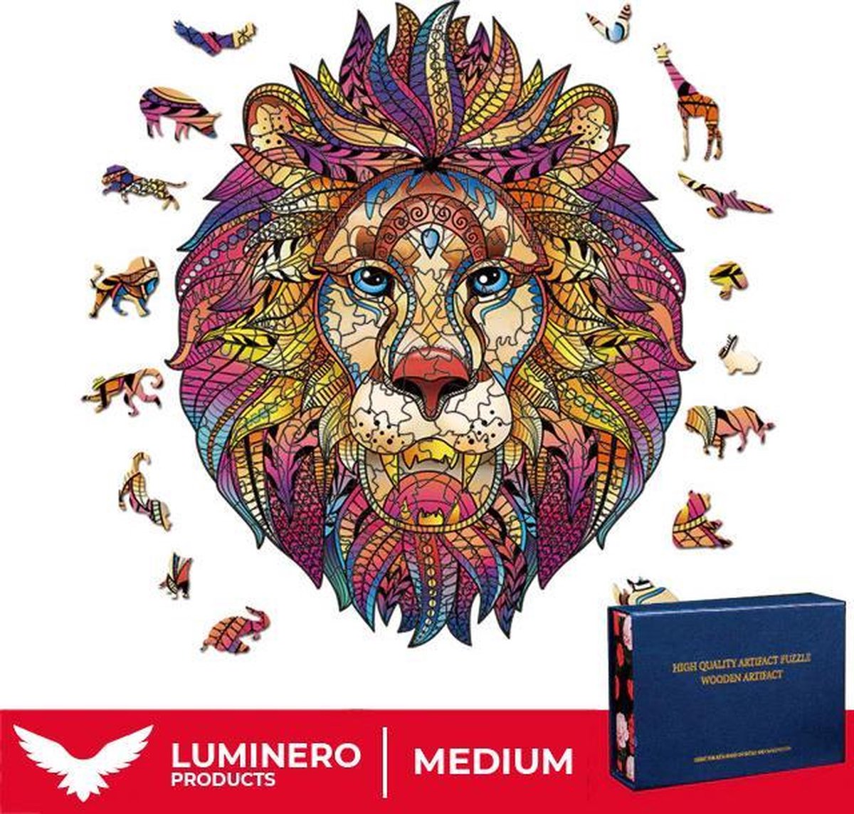 Luminero™️ - Jigsaw Houten Puzzel - Leeuw Medium Formaat – Wooden puzzle - Leuk voor volwassenen - Unieke vormen - Educatieve puzzels - Fantastisch cadeau voor vrienden en gezinnen - Huisdecoratie - Giftbox