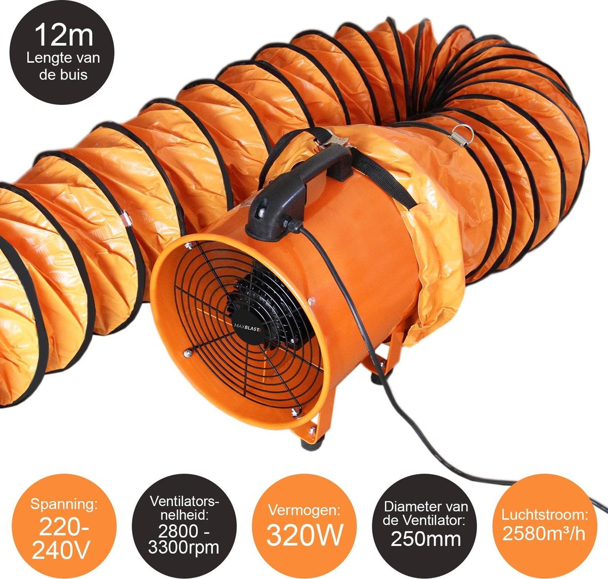 MAXBLAST Professionele Ventilator + 12 meter opvouwbare slang - Ø 250 mm - 320 W - afzuiger stofafzuiging