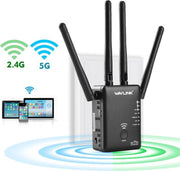 R04 WiFi Versterker - Supersnel - 2.4G en 5G - 1200 MBPS - 3 Repeater / AP / Router Modi - Zwart