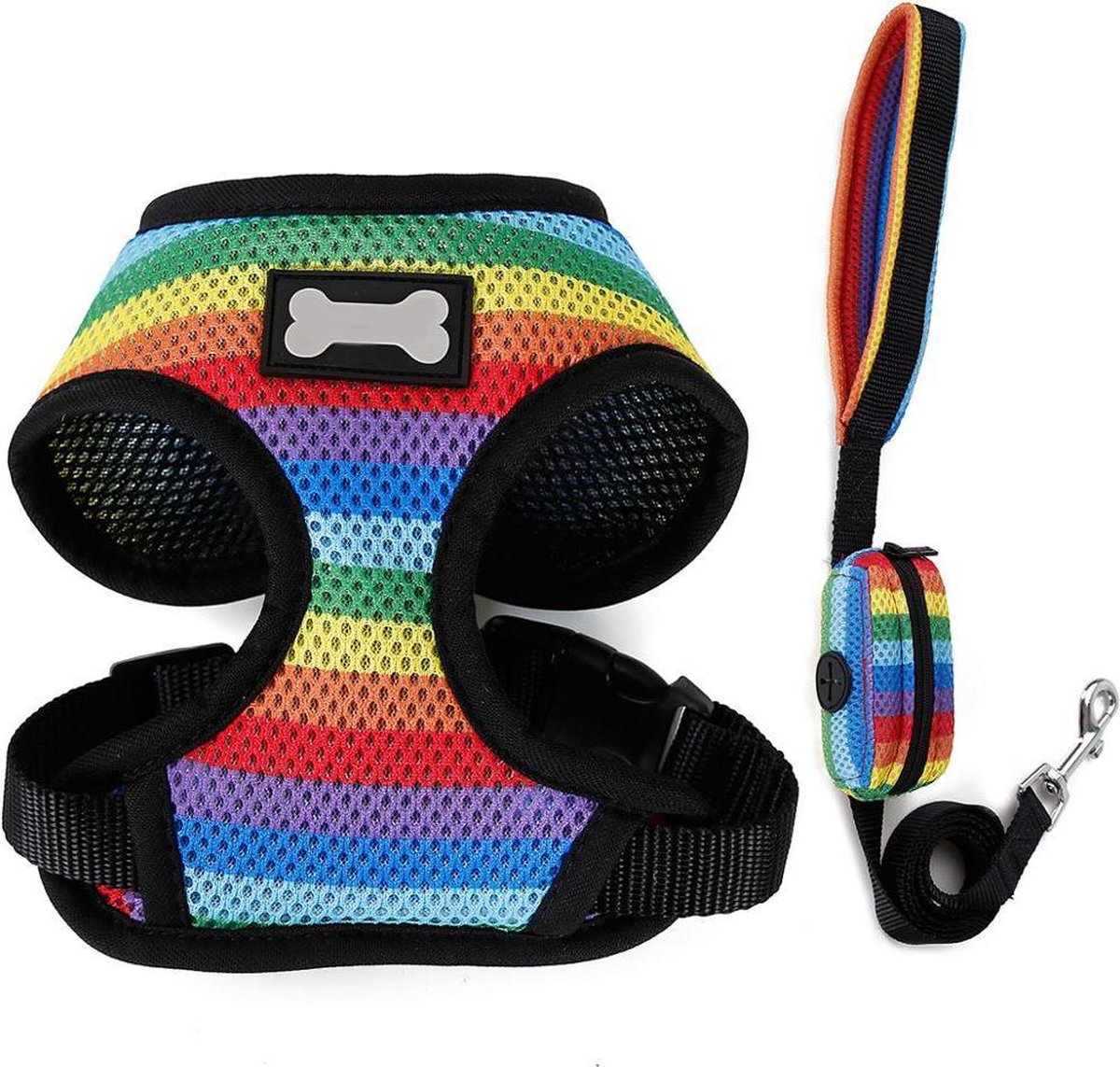 Harnas voor hondjes in Regenboog kleuren incl. leiband met poepzakjes houder - LARGE