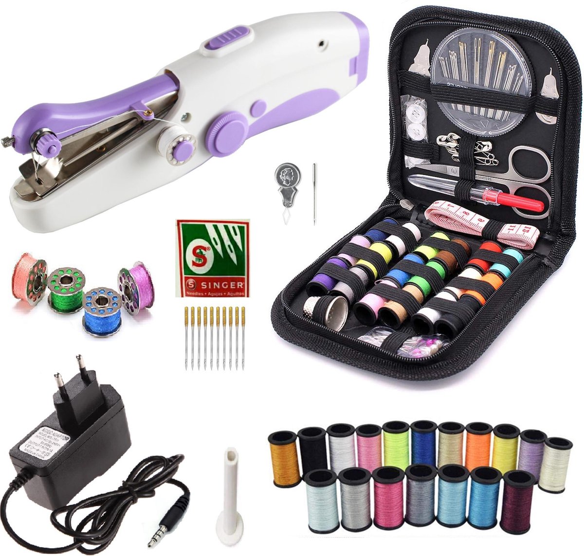 Deluxe Stitcher Pro -- PREMIUM Handnaaimachine met Adapter en 90 Delige Starterskit -- Incl. 11 Reserve Naalden Mini naaimachine - Compact - Draadloos - Draagbare Reis Hand Naaimachine - Elektrisch of op Batterijen