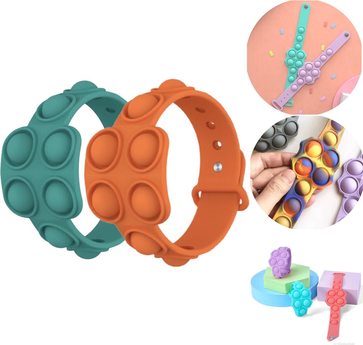 EverToys  Pop it armband - 2x stuks - Glow in the dark - Fidget Toys - mini - Bracelet - xxl - xl - Among Us - Regenboog - Klaparmband - Groen/Oranje