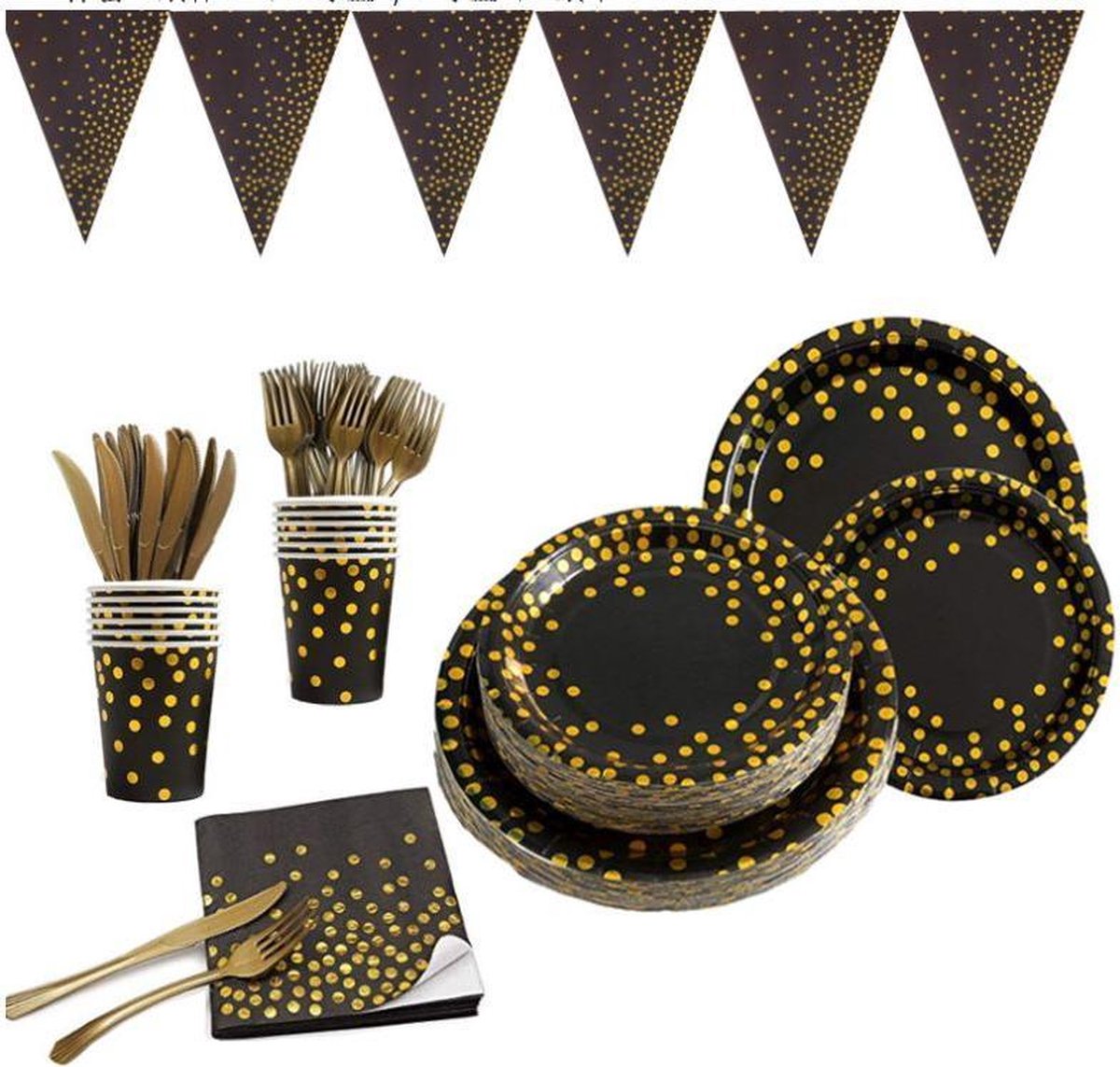 Feestopstelling - Feest Set - Verjaardagsfeest - Versiering Set - Viering - Happy Birthday - Party Set - Set Up - Servies - Mes Vork - Bordje - Banier - Speelgoed - Cadeautasje - Rietje - Versieren - Decoration - Goud Cirkel Thema - Gold - Zwart