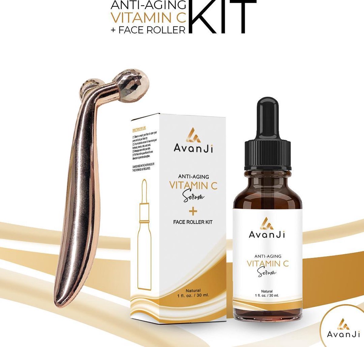AvanJi Anti-Aging Serum met Gezichtsroller – Gezichtsverzorging – Vitamine C & Hyaluronzuur – Anti rimpel – Parfumvrij – Huidverzorging