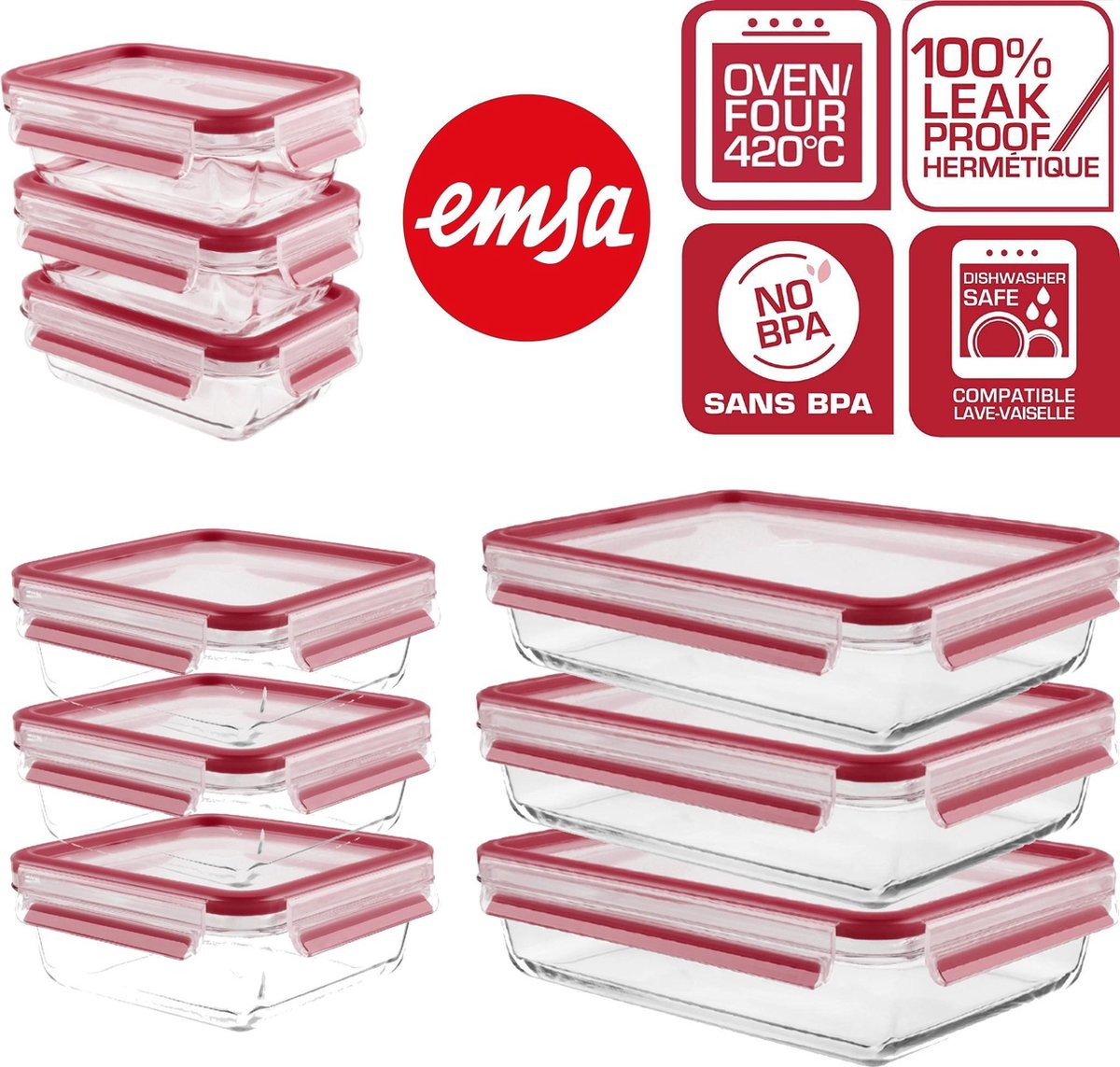 Emsa/Tefal Meal Prep Bakjes - 9 Stuks - Luchtdichte Deksel - BPA vrij - 0.5 & 1 & 2 Liter - Ovenbestendig Glas