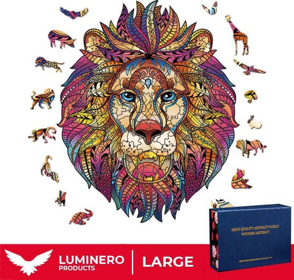 Luminero™️ - Jigsaw Houten Puzzel - Leeuw Large Formaat – Wooden puzzle - Leuk voor volwassenen - Unieke vormen - Educatieve puzzels - Fantastisch cadeau voor vrienden en gezinnen - Huisdecoratie - Giftbox
