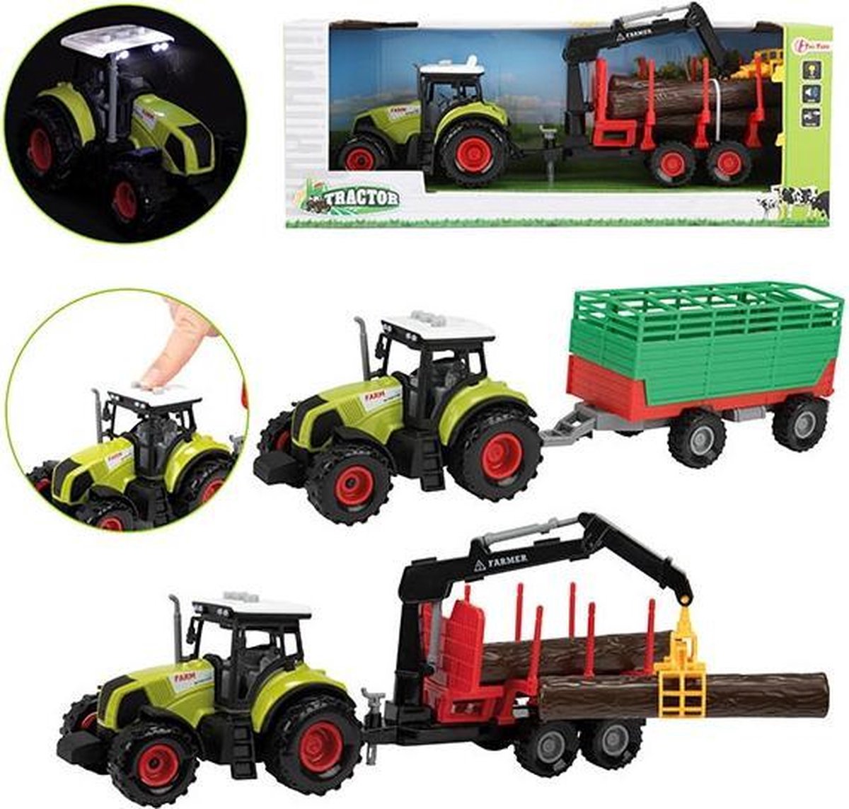 TRACTOR MET AANHANGER FRICTIE + LICHT EN GELUID 2 ASSORTI