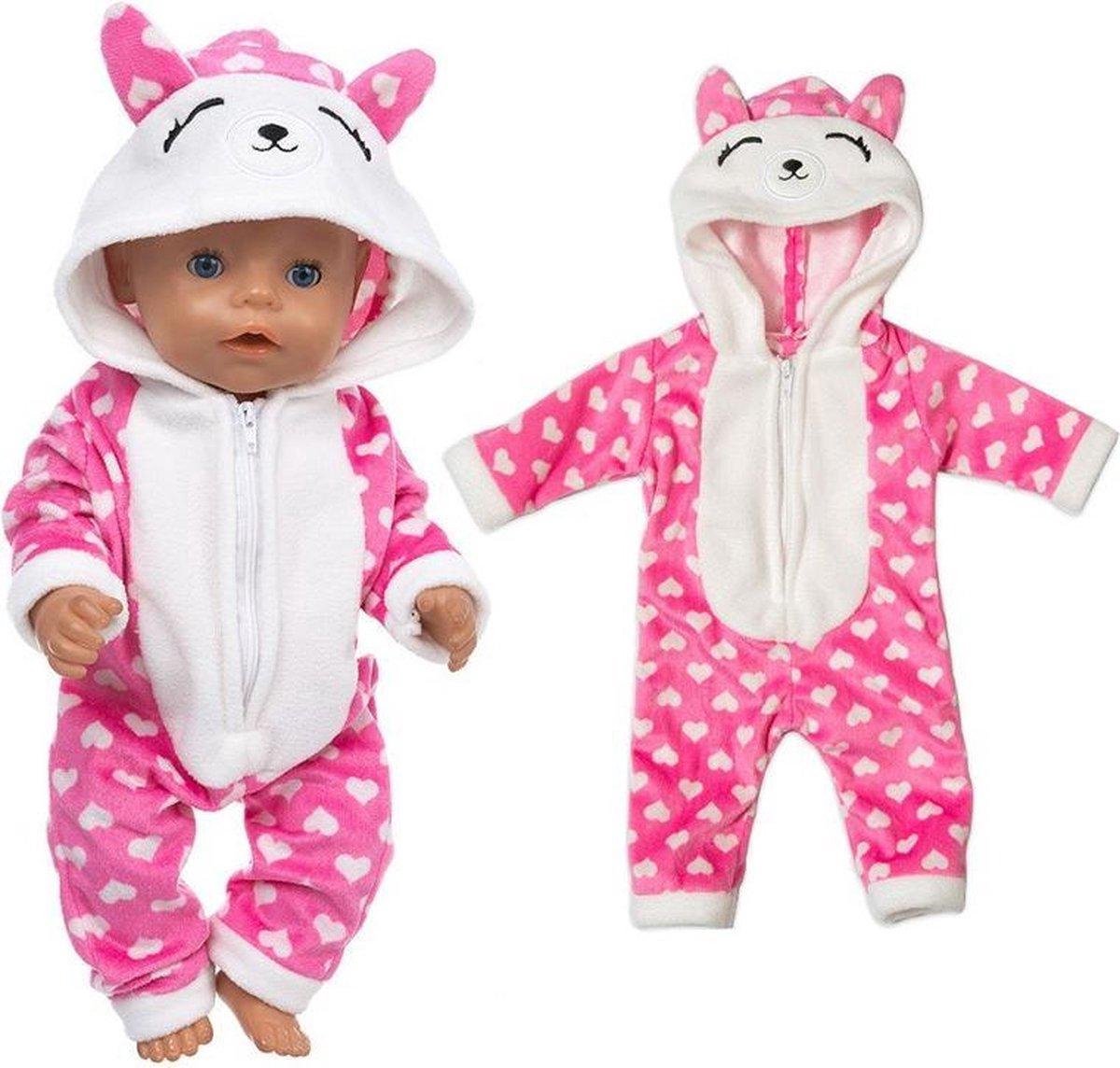Dolldreams | Poppenkleding - Roze dieren onesie met hartjes - Katten pakje voor pop tot 43CM