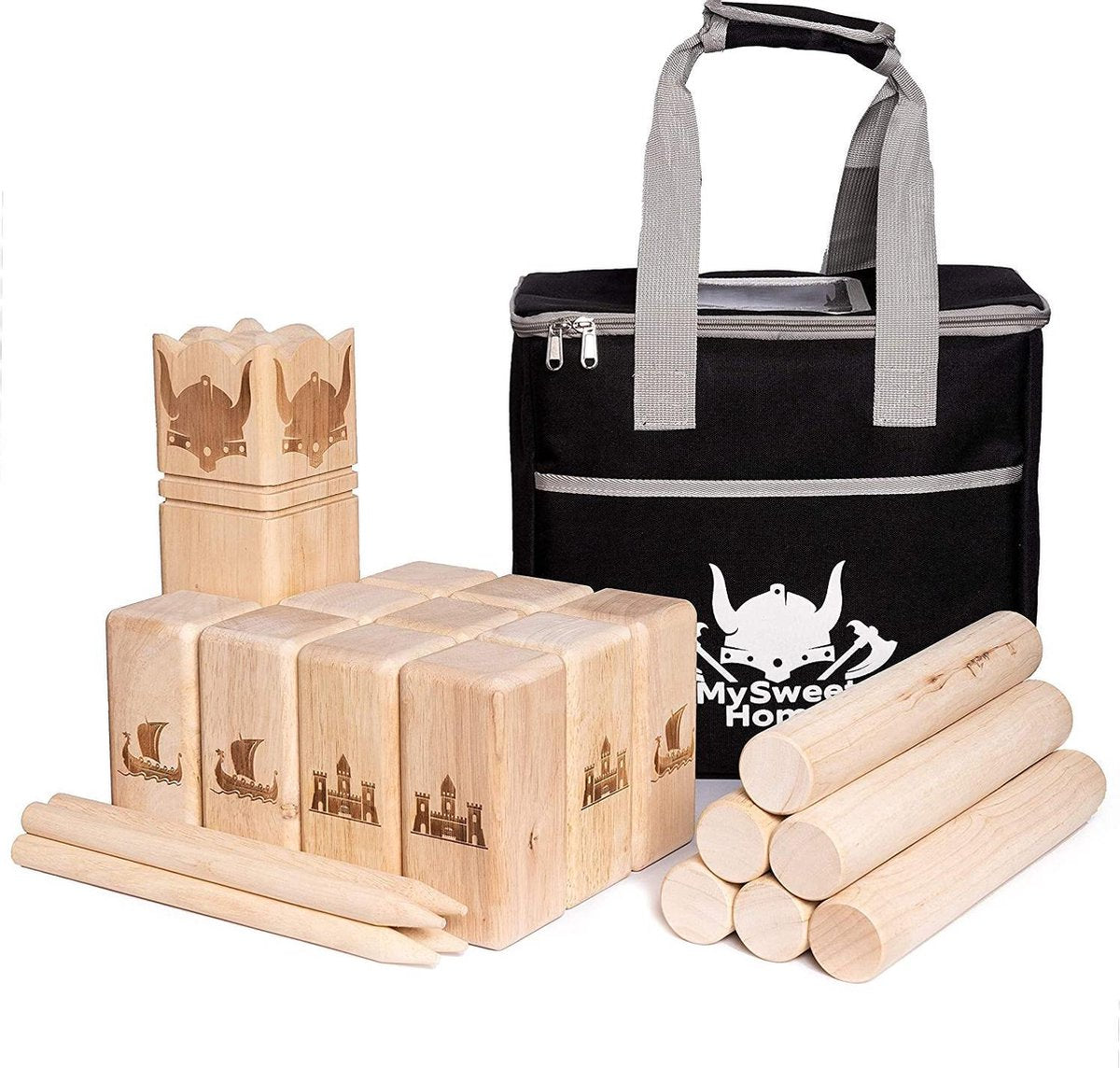 Gutos Premium XXL Kubb spel - Massief Hout - Met draagtas - Vikingspel - Kubb original Groot - Viking schaakspel - Buitenspel - Volwassenen - Kinderen - Tuin - Spellen - Familie