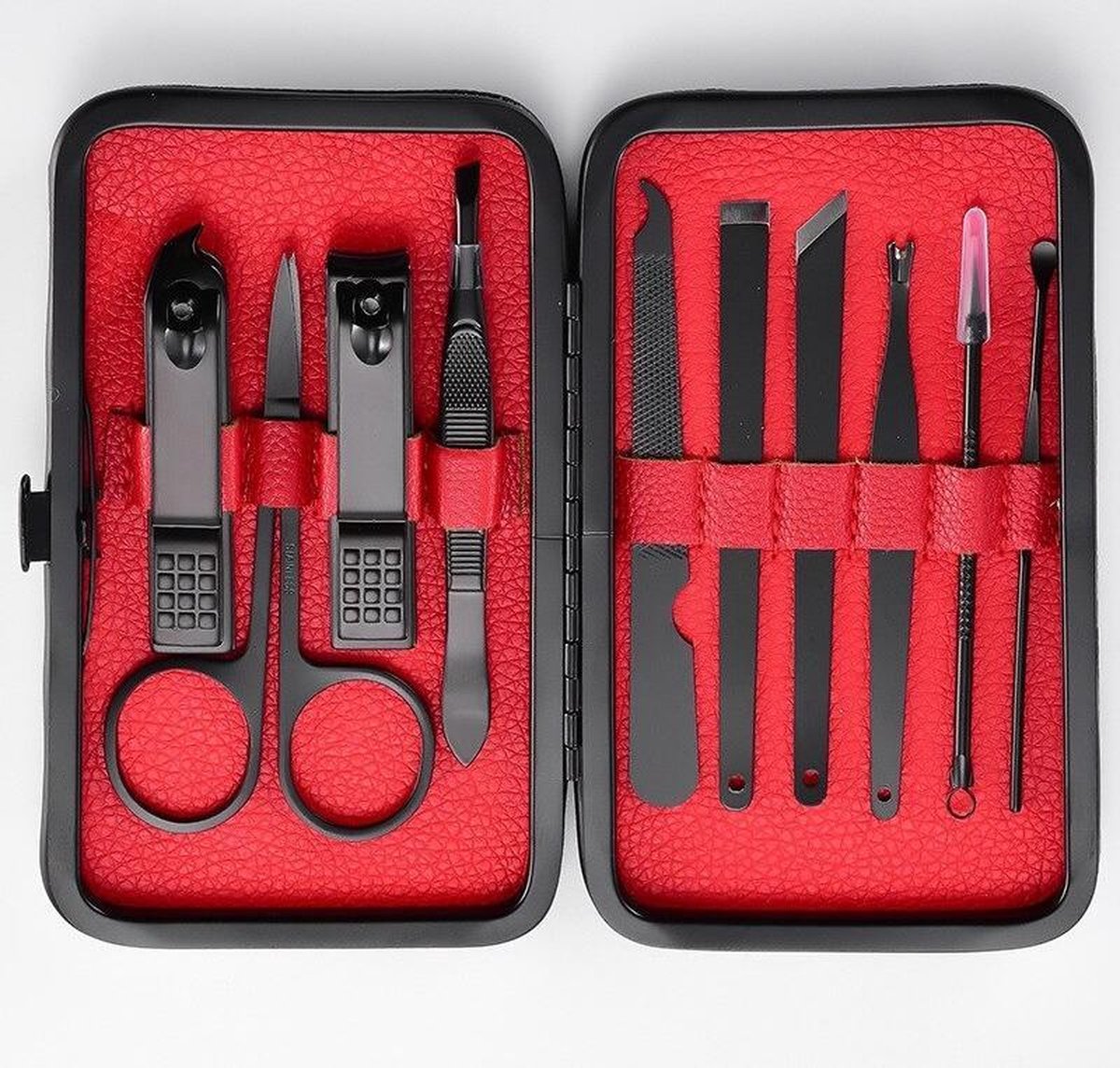 Manicure Set - 10 Delig - Luxe Manicure Set - Pedicure Set - met Lederen Etui - Nagels Knippen - Nagels Trimmen - RVS - Rood