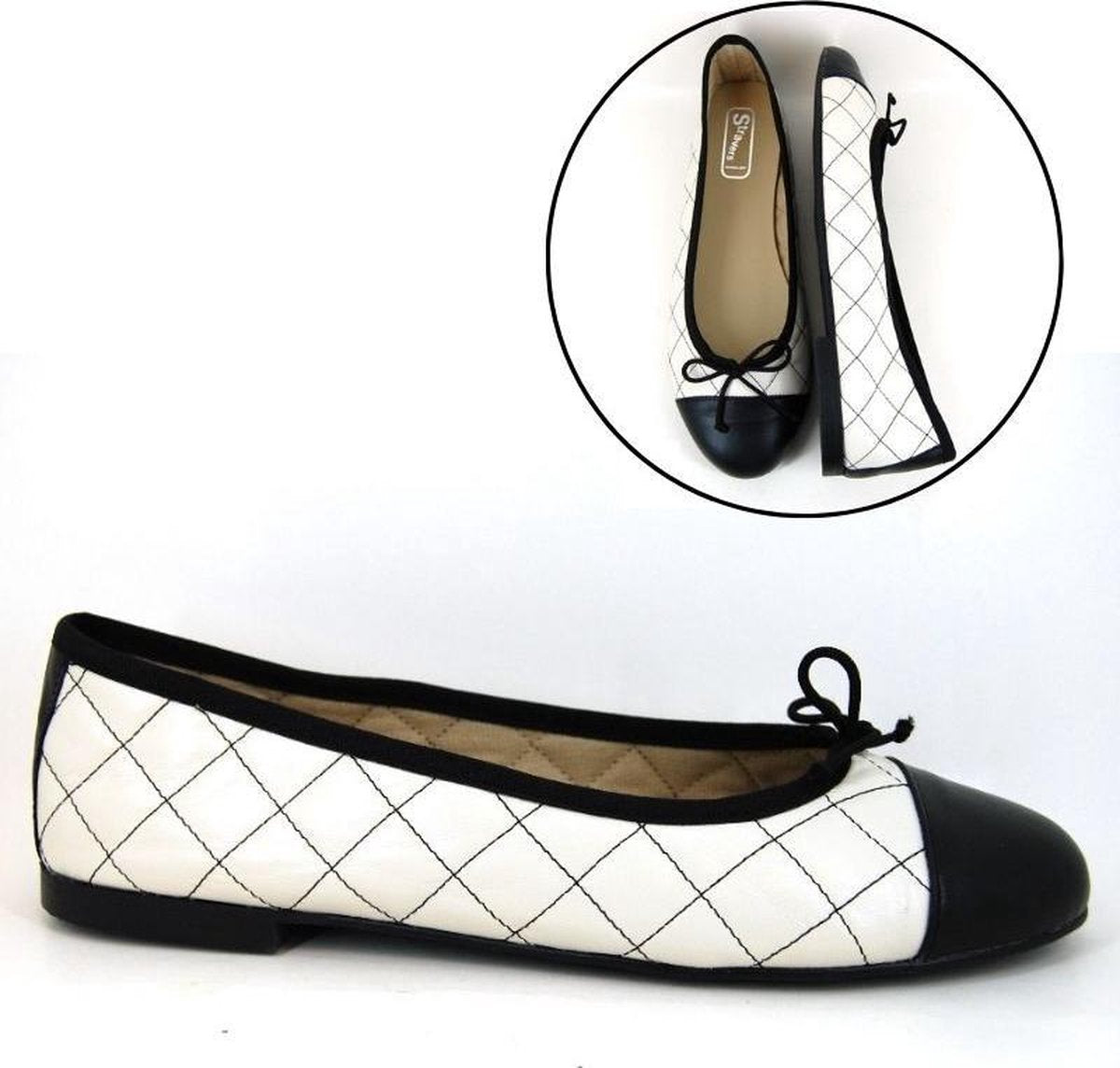 Stravers - Designer Ballerina's Maat 43 Beige Zwart Grote Maten Ballerina Schoenen