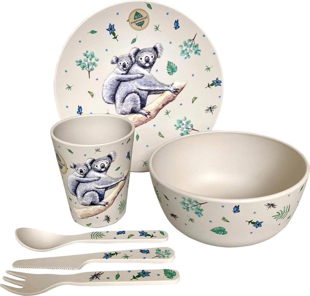 Zuperzozial x Mies to Go Unstoppable - kinderservies van bioplastic - koala print - veilig en duurzaam - 6 delige set - design handgeschilderd door Mies
