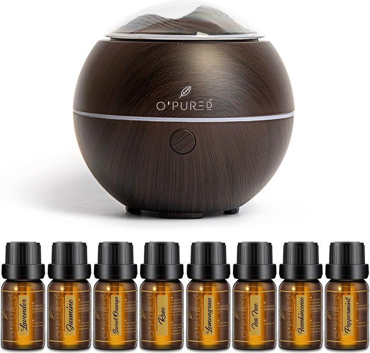 O'PUREd Aroma Diffuser | Geurverspreider Incl. 8 Flesjes Etherische Olie | Vernevelaar | Luchtbevochtiger | Aromatherapie | Donker Bruin
