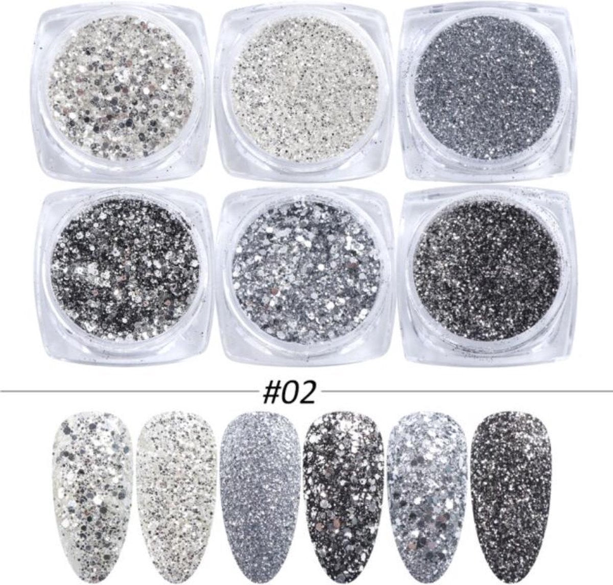 GUAPÀ - Nagel Glitter Poeder Nail Art Set Zilver - 6 Stuks