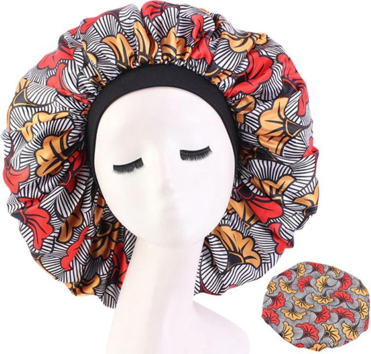 Cabantis Bonnet Satijn - Polyester XXL|Slaapmuts Satijn|Hoofddeksel|Unisex|Grijs-Oranje-Zwart-Bloemenpatroon