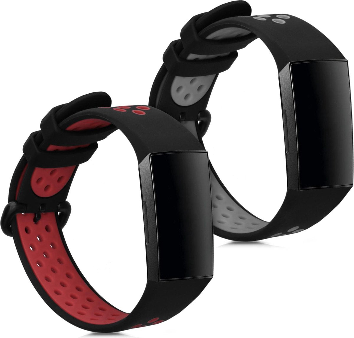kwmobile 2x horlogeband voor Fitbit Charge 3 / 4 - siliconen band voor fitnesstracker - zwart / rood / zwart / grijs