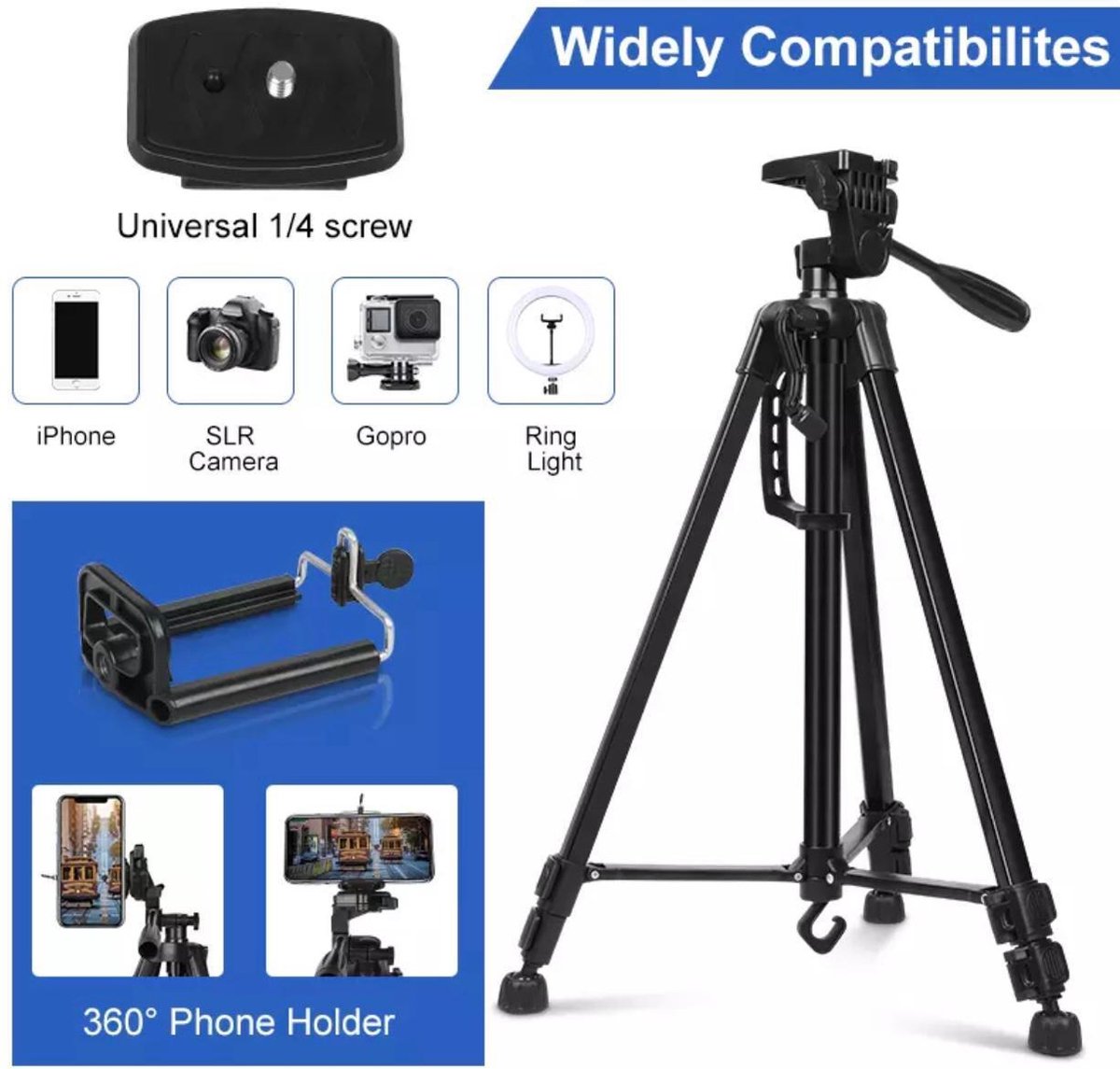 Professioneel Universeel Camera Statief 140Cm Met hendel - Smartphone Tripod - Inclusief Bluetooth Remote Shutter